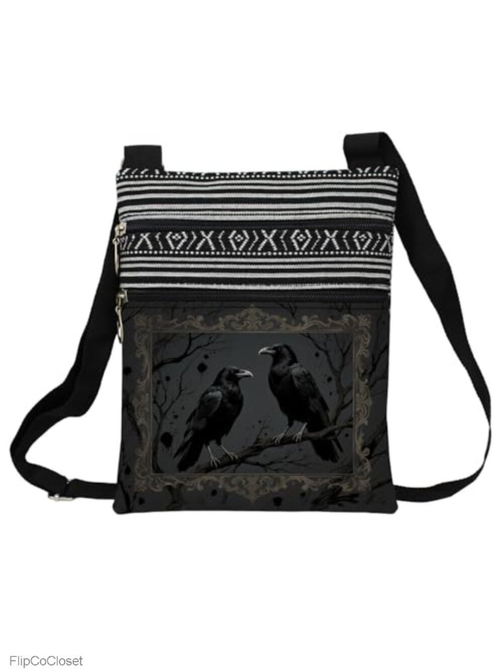 Gothic Crow Printed Polyester Crossbody Bag Adjustable Strap Zipper Sling